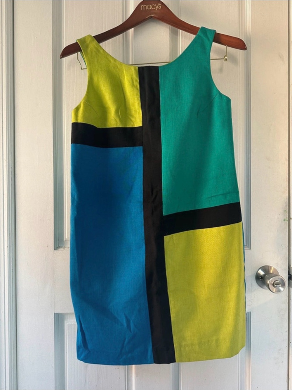 Colorblock Sheath Dress in Teal, Blue & Yellow - , Sleeveless Shift